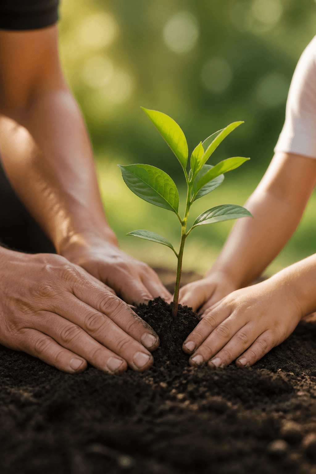 Adult and child hands planting a seedling together — CUNIX Infotech CSR commitment