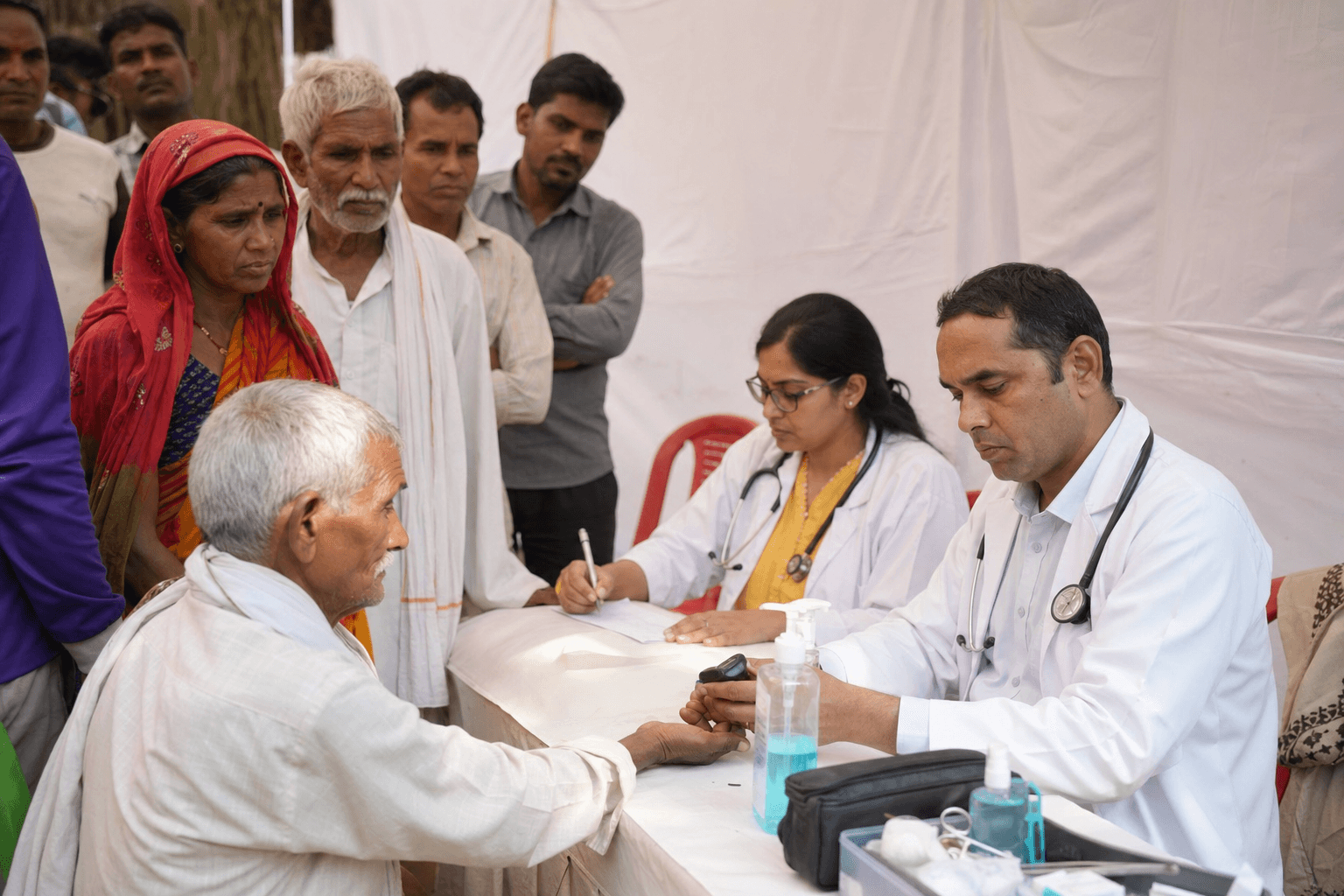Doctors providing free checkups in a village camp