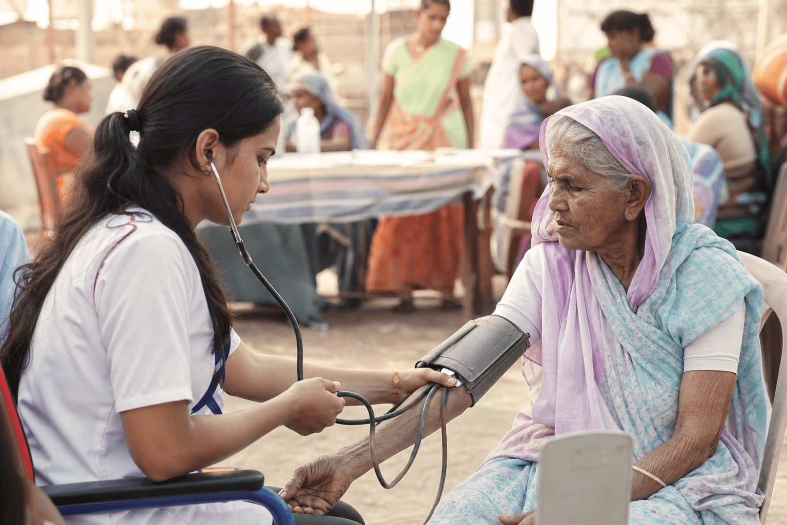 Nurse supporting an elderly patient at a health camp