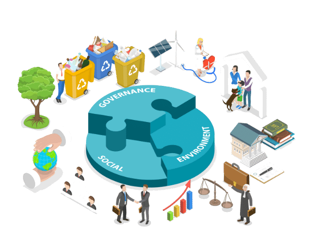 CSR pillars illustration covering governance, social impact, and environment